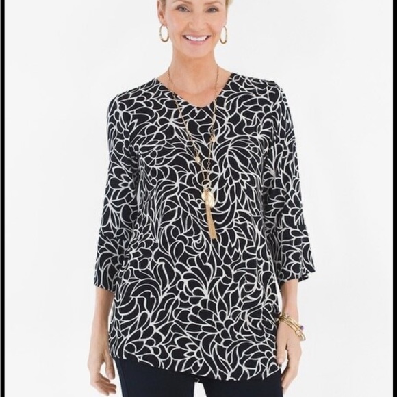 CHICO’S TRAVELERS CLASSIC CONVERTIBLE PRINTED TOP  Sz 3 XL 16 White Navy Slinky - Picture 2 of 8